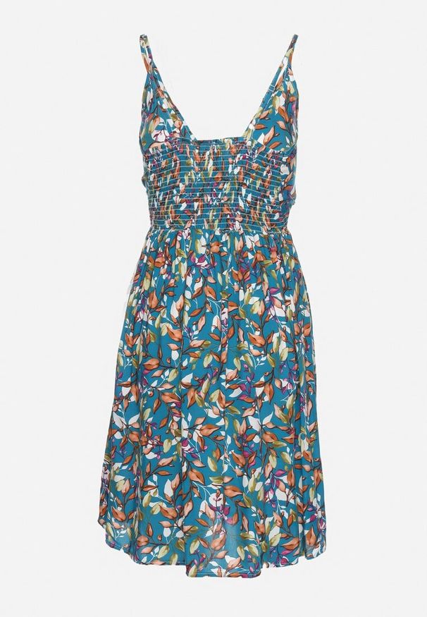 Born2be - Zielona Bawełniana Sukienka na Regulowanych Ramiączkach z Gumką w Talii Dimitssa. Okazja: na spacer, na imprezę. Typ kołnierza: dekolt w kształcie V. Kolor: zielony. Materiał: bawełna. Długość rękawa: na ramiączkach. Sezon: lato. Styl: elegancki