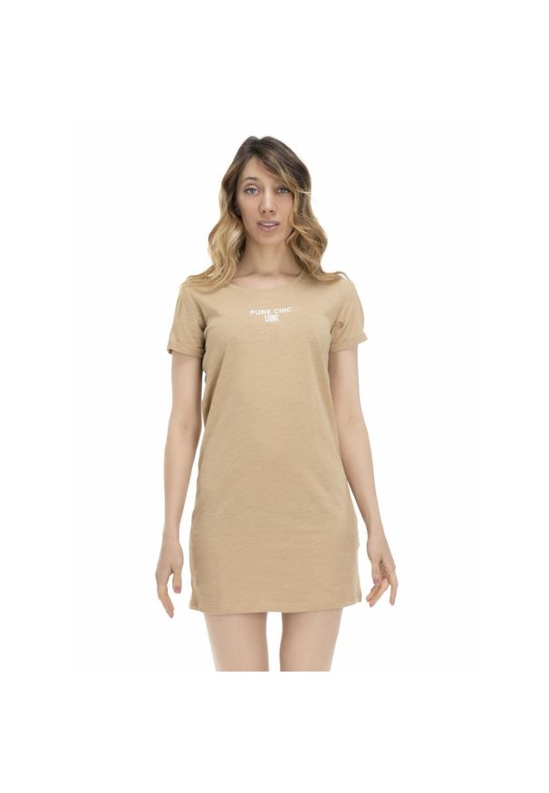 LEONE 1947 APPAREL - Damski T-shirt maxi w odcieniach ziemi. Kolor: beżowy. Materiał: tkanina. Sport: fitness