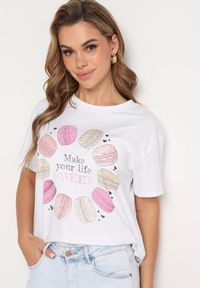 Born2be - Biało-Różowy Bawełniany T-shirt Ozdobiony Nadrukiem i Cyrkoniami Chrisielle. Kolor: biały. Materiał: bawełna. Wzór: aplikacja, nadruk. Sezon: lato