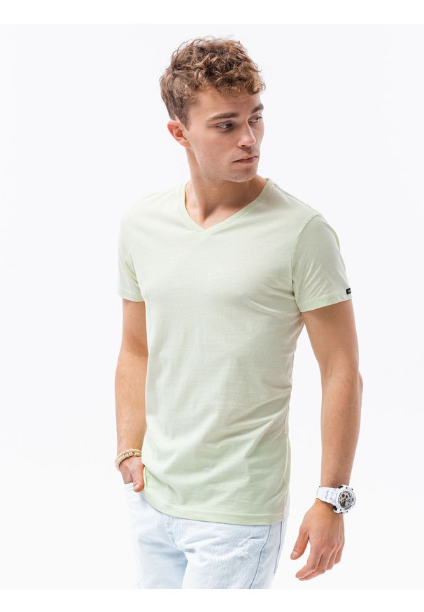 Ombre Clothing - T-shirt męski bawełniany basic S1369 - limonkowy - XXL. Kolor: żółty. Materiał: bawełna. Styl: klasyczny