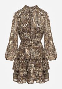 Renee - Brązowa Koktajlowa Panterkowa Sukienka z Gumkami w Pasie Ozdobiona Falbankami Quinthelia. Okazja: na co dzień. Typ kołnierza: kołnierz z falbankami. Kolor: brązowy. Wzór: aplikacja. Typ sukienki: proste. Styl: wizytowy #8