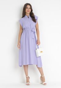 Born2be - Fioletowa Midi Sukienka Zapinana na Guziki z Wiązanym Paskiem Alyssama. Kolor: fioletowy. Materiał: materiał. Długość: midi #4