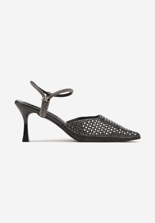 Renee - Czarne Sandały Slingback na Szpilce ze Szpiczastym Noskiem z Cyrkoniami Dimena. Okazja: na co dzień. Nosek buta: szpiczasty. Kolor: czarny. Materiał: jeans. Obcas: na szpilce. Styl: casual, wizytowy