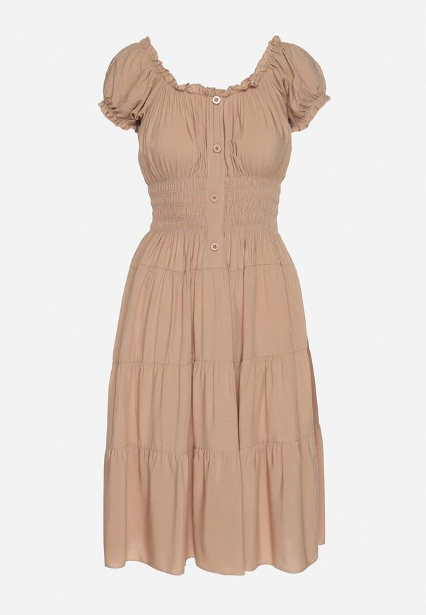 Born2be - Ciemnobeżowa Bawełniana Rozkloszowana Sukienka z Guzikami i Bufiastymi Rękawami Annivi. Okazja: na co dzień. Kolor: beżowy. Materiał: bawełna. Styl: elegancki, casual, klasyczny