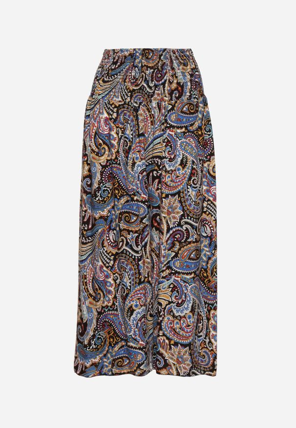 Renee - Czarno-Granatowe Spodnie Culottes z Bawełnianej Tkaniny Ozdobione Wzorem Paisley Gwinamas. Kolor: czarny. Materiał: bawełna, tkanina. Wzór: aplikacja, paisley. Styl: wakacyjny