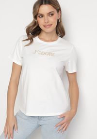 Born2be - Biały Bawełniany T-shirt Ozdobiony Napisem Nalaviraen. Okazja: na randkę, na co dzień, na spacer. Kolor: biały. Materiał: bawełna. Wzór: aplikacja, napisy. Styl: casual, elegancki #3