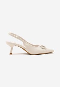 Renee - Beżowe Czółenka Sandały Vices na Kaczuszce Typu Slingback Ozdobione Metaliczną Aplikacją Lilarunea. Okazja: na co dzień. Kolor: beżowy. Materiał: jeans. Wzór: aplikacja. Sezon: lato. Obcas: na szpilce. Styl: casual, elegancki #6