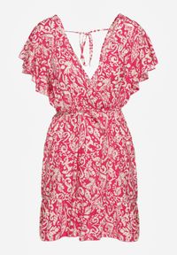 Renee - Fuksjowa Sukienka z Bawełny o Rozkloszowanym Kroju Ozdobiona Falbanami i Gumką w Talii Neliaura. Okazja: na co dzień, na imprezę. Typ kołnierza: dekolt w kształcie V. Kolor: różowy. Materiał: bawełna. Wzór: aplikacja. Sezon: lato. Typ sukienki: proste, rozkloszowane. Styl: elegancki, casual #5