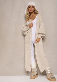 Renee - Beżowy Kardigan Długi z Bufiastym Rękawem Mesho. Kolor: beżowy. Materiał: jeans. Długość: długie. Styl: elegancki #4