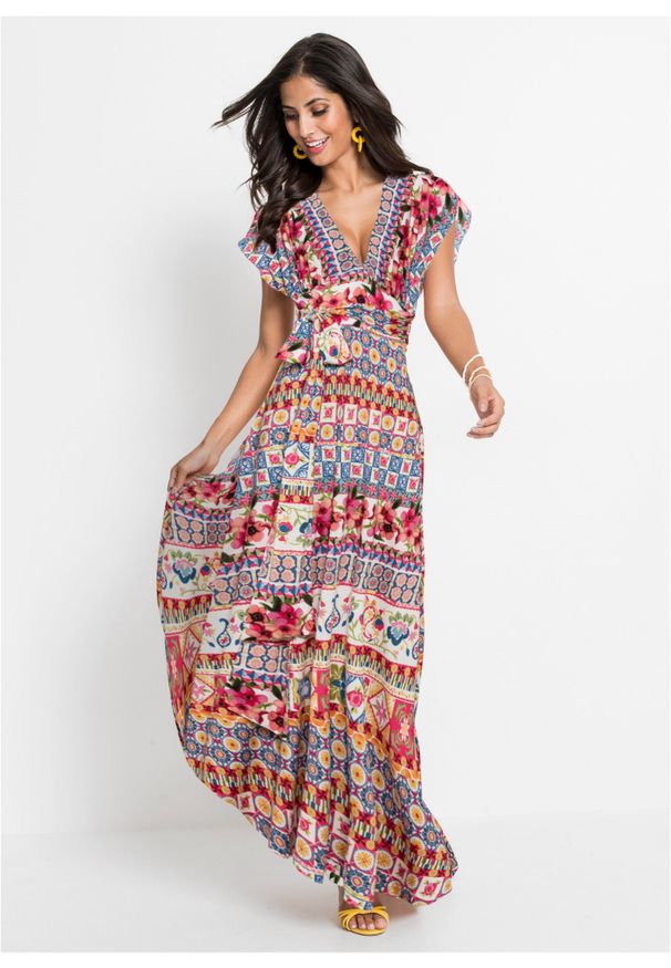 bonprix - Długa sukienka z wiązanym paskiem, krótsza długość. Kolor: różowy. Wzór: nadruk. Długość: maxi