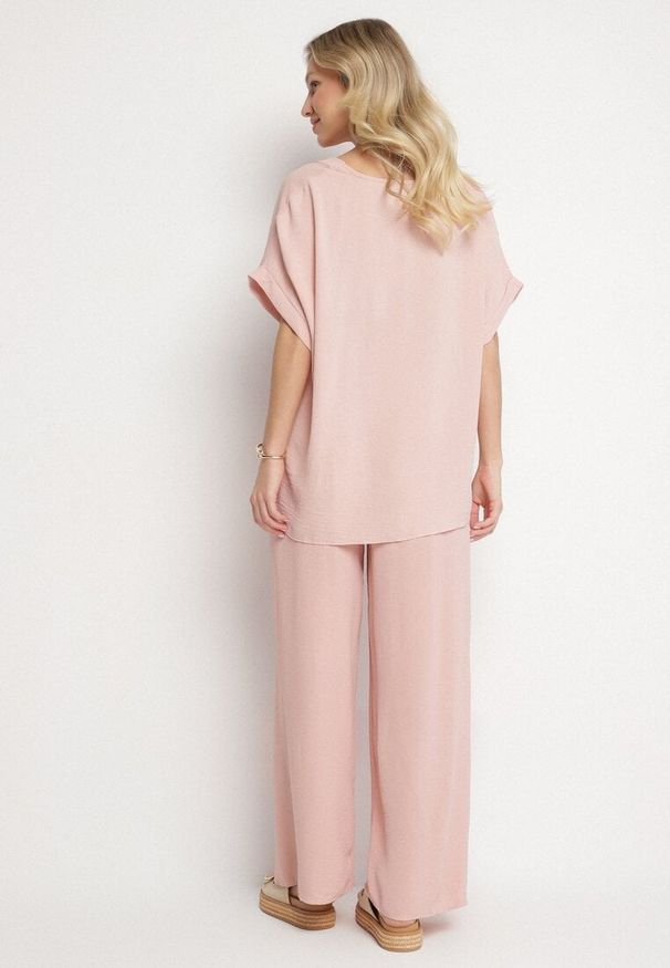 Born2be - Różowy Komplet z Bawełny T-shirt Oversize i Szerokie Spodnie Lavtebia. Kolor: różowy. Materiał: bawełna