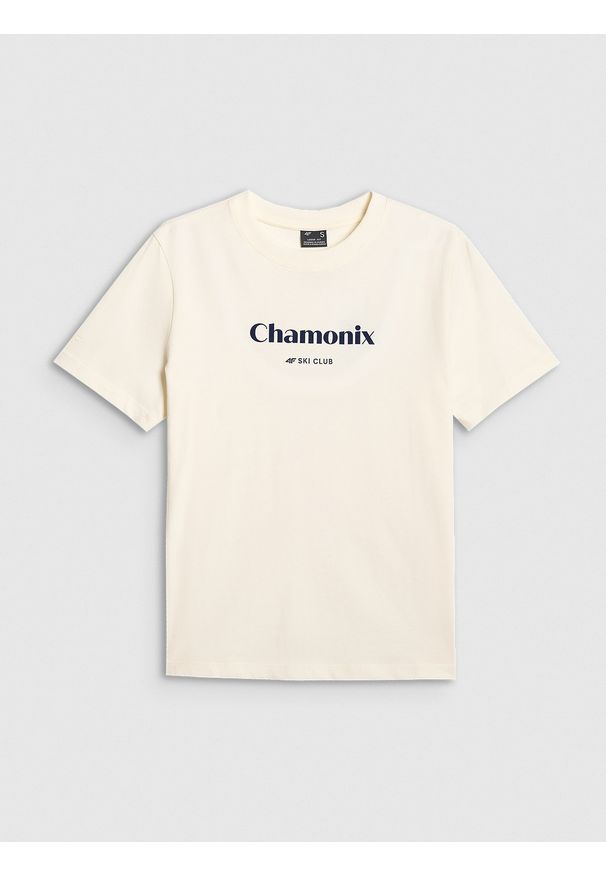 4f - 4F T-shirt loose z nadrukiem damski - beżowy M. Okazja: na co dzień. Kolor: beżowy. Materiał: materiał, dzianina, bawełna. Wzór: nadruk. Styl: casual