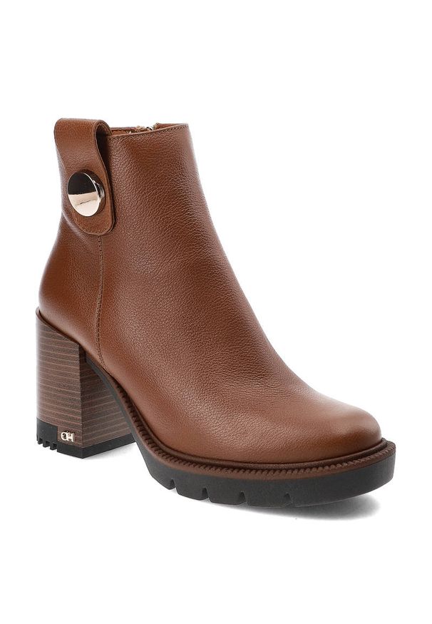 CheBello - Brązowe Botki Chebello Eleganckie Skórzane Buty Na Obcasie. Kolor: brązowy. Materiał: skóra. Obcas: na obcasie. Styl: elegancki. Wysokość obcasa: średni