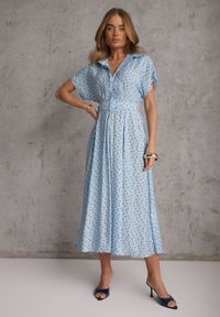 Renee - Niebieska Wiskozowa Sukienka w Kropeczki o Koszulowym Kroju z Wiązanym Paskiem Jynyra. Kolor: niebieski. Materiał: wiskoza. Sezon: lato. Typ sukienki: koszulowe. Styl: elegancki, retro, klasyczny #4