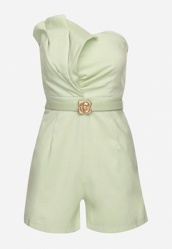 Born2be - Zielony Kombinezon Bez Rękawów Zdobiony Zakładkami i Paskiem z Klamrą Silurea. Okazja: na co dzień. Kolor: zielony. Długość rękawa: bez rękawów. Wzór: aplikacja. Styl: elegancki, casual