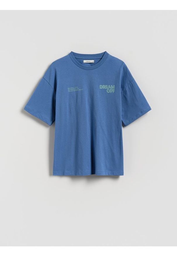 Reserved - Bawełniany t-shirt z nadrukiem - granatowy. Kolor: niebieski. Materiał: bawełna. Wzór: nadruk