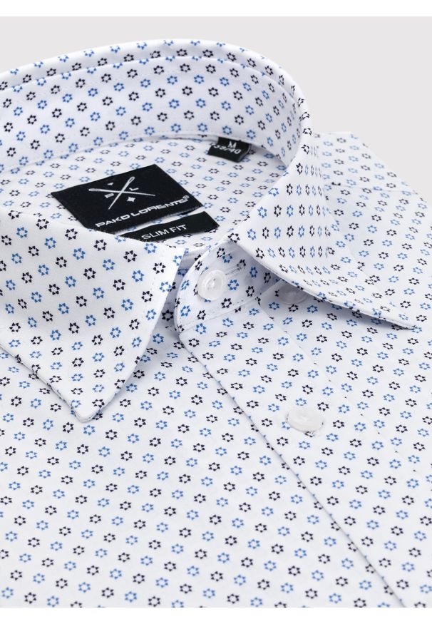 Pako Lorente - PAKO LORENTE – Biała koszula niebieskie trójkąty. Okazja: na co dzień, na imprezę. Typ kołnierza: button down. Kolor: niebieski, biały, wielokolorowy. Długość: długie. Wzór: gładki, nadruk, kwiaty. Materiał: tkanina, elastan, włókno, materiał, bawełna, skóra, jeans. Długość rękawa: długi rękaw. Sezon: wiosna, lato. Styl: casual, elegancki