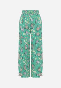 Born2be - Zielone Spodnie z Bawełny z w Stylu Boho z Szerokimi Nogawkami i Gumką w Talii Jelvia. Kolor: zielony. Materiał: bawełna. Sezon: lato. Styl: boho #3