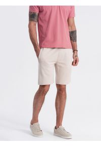 Ombre Clothing - Spodenki męskie dzianinowe ze ściągaczem i kieszeniami - jasnobeżowe V1 - Rozmiar: XXL. Kolor: beżowy. Materiał: dzianina. Styl: wakacyjny