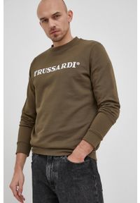 Trussardi Jeans - Trussardi bluza bawełniana męska kolor zielony z nadrukiem. Okazja: na co dzień. Kolor: zielony. Materiał: bawełna. Wzór: nadruk. Styl: casual