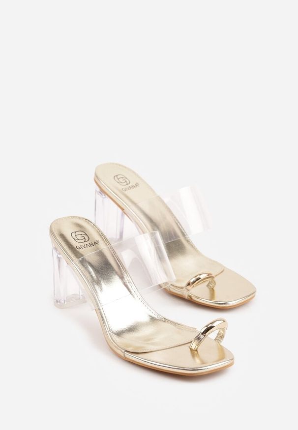 Renee - Złote Klapki z Ozdobą na Duży Palec z Transparentnymi Elementami Wylinney. Kolor: złoty. Materiał: jeans. Wzór: aplikacja. Sezon: lato. Styl: elegancki