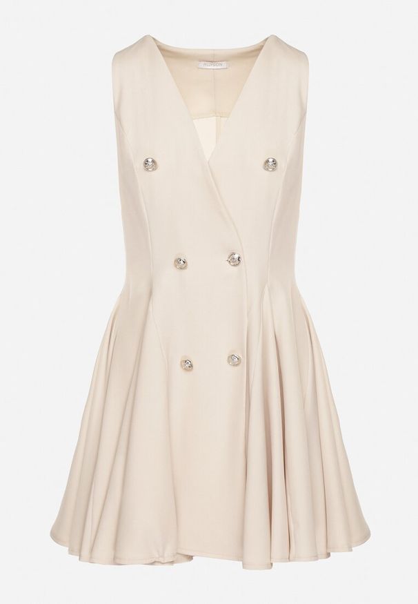 Born2be - Beżowa Sukienka Bez Rękawów o Rozkloszowanym Kroju z Ozdobnymi Guzikami Palanea. Okazja: na co dzień. Typ kołnierza: dekolt w kształcie V. Kolor: beżowy. Długość rękawa: bez rękawów. Typ sukienki: rozkloszowane. Styl: klasyczny, casual, elegancki