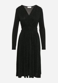 Born2be - Zielona Taliowana Sukienka z Wiskozą o Rozkloszowanym Kroju Zdobiona Metaliczną Nicią Mesinae. Okazja: do pracy, na spotkanie biznesowe. Typ kołnierza: dekolt w kształcie V. Kolor: zielony. Materiał: wiskoza. Długość rękawa: długi rękaw. Wzór: aplikacja. Typ sukienki: rozkloszowane. Styl: glamour, biznesowy, wizytowy, elegancki #3