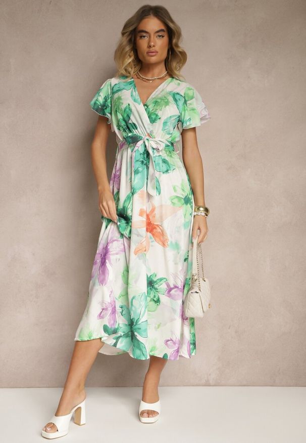 Renee - Ciemnozielona Kopertowa Sukienka z Wiązanym Paskiem w Kwiatowy Wzór Redellira. Okazja: na co dzień. Typ kołnierza: dekolt w kształcie V. Kolor: zielony. Wzór: kwiaty. Typ sukienki: kopertowe. Styl: casual, klasyczny