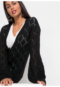 Sweter rozpinany w ażurowy wzór bonprix czarny. Kolor: czarny. Wzór: ażurowy #4