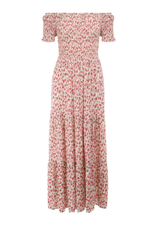 Born2be - Różowo-Zielona Sukienka z Wiskozy Cheri. Typ kołnierza: dekolt hiszpanka. Kolor: różowy. Materiał: wiskoza. Wzór: kwiaty. Sezon: lato. Typ sukienki: rozkloszowane. Długość: maxi