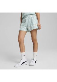Puma - Młodzieżowe szorty Flaming Love z wysokim stanem PUMA Modern Mint Green. Stan: podwyższony. Kolor: zielony. Wzór: nadruk. Sport: turystyka piesza