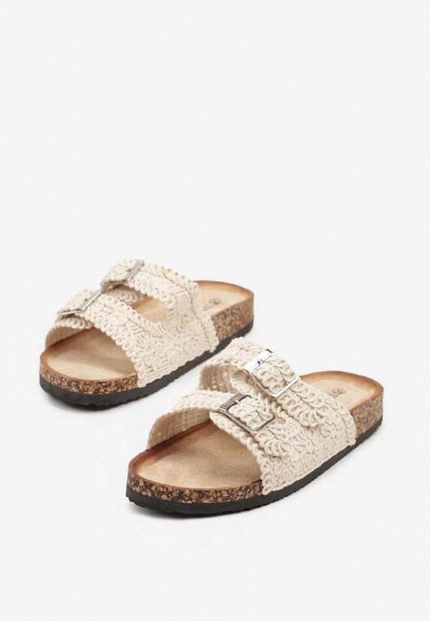 Born2be - Beżowe Klapki z Dwoma Paskami i Klamrami Ralisea. Okazja: na co dzień. Kolor: beżowy. Materiał: jeans. Sezon: lato. Styl: casual