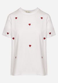 Born2be - Biało-Czerwony T-shirt z Bawełny w Serca Kolavelle. Okazja: na co dzień, na spacer. Kolor: biały. Materiał: bawełna. Styl: klasyczny, casual