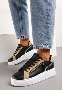 Born2be - Czarne Sneakersy na Platformie Ozdobione Suwakami Halimedia. Nosek buta: okrągły. Zapięcie: sznurówki. Kolor: czarny. Materiał: materiał. Wzór: aplikacja. Obcas: na platformie. Wysokość obcasa: niski #6