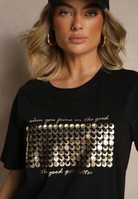 Renee - Czarny T-shirt z Bawełny z Naszytymi Cekinami Avenelli. Okazja: na co dzień. Kolor: czarny. Materiał: bawełna. Wzór: aplikacja. Styl: klasyczny, elegancki, casual