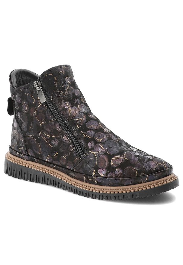 Czarne Botki Artiker Wzorzyste Obuwie Damskie. Okazja: na spacer, na co dzień. Zapięcie: zamek. Kolor: czarny. Materiał: skóra. Szerokość cholewki: normalna. Styl: casual, elegancki