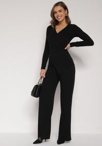 Born2be - Czarny Bawełniany Komplet Kopertowa Bluzka z Długim Rękawem i Spodnie Ferenna. Kolor: czarny. Materiał: bawełna #1