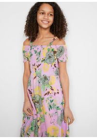 bonprix - Sukienka z dekoltem carmen. Typ kołnierza: typu carmen. Kolor: fioletowy. Długość rękawa: na ramiączkach. Wzór: kwiaty #2