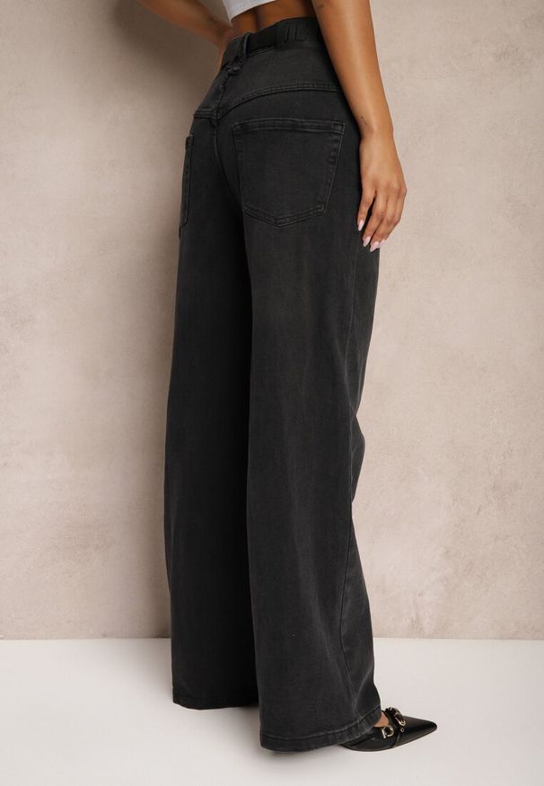 Renee - Ciemnoszare Jeansy High Waist z Bawełny z Paskiem Nevelith. Okazja: na co dzień. Stan: podwyższony. Kolor: szary. Styl: klasyczny, casual