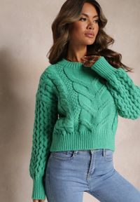Renee - Zielony Wełniany Sweter w Warkoczykowy Splot Kestina. Kolor: zielony. Materiał: wełna. Wzór: ze splotem. Styl: klasyczny #5