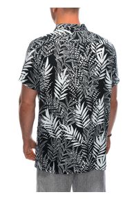 Ombre Clothing - Wiskozowa wzorzysta męska koszula z krótkim rękawem OM-SHPS-0113 - czarna/biała. Okazja: na co dzień. Kolor: czarny. Materiał: wiskoza. Długość rękawa: krótki rękaw. Długość: krótkie. Wzór: gładki, kolorowy. Styl: klasyczny, wakacyjny, casual #2