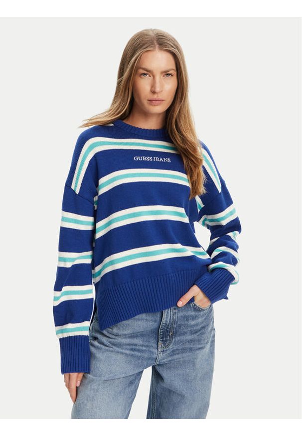 Guess Jeans Sweter W4BR09 Z3HM1 Niebieski Regular Fit. Kolor: niebieski. Materiał: bawełna
