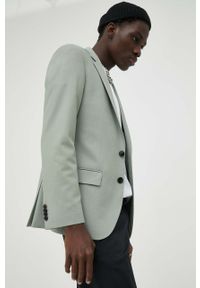 Hugo - HUGO marynarka z domieszką wełny kolor zielony. Kolor: zielony. Materiał: wełna. Wzór: aplikacja. Styl: klasyczny #1