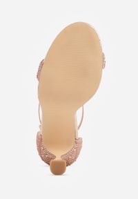 Born2be - Szampańskie Sandały na Geometrycznej Szpilce Ozdobione Cyrkoniami i Brokatem Aolenia. Okazja: na wesele, na imprezę, na ślub cywilny. Zapięcie: sprzączka. Kolor: złoty. Materiał: satyna. Wzór: geometria, aplikacja. Styl: klasyczny #4