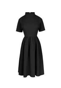 Sukienki.shop - Elegancka rozkloszowana sukienka z wywiniętą stójką czarna. Okazja: do pracy. Typ kołnierza: kołnierzyk stójkowy. Kolor: czarny. Styl: elegancki #4
