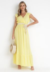 Born2be - Żółta Sukienka Hypsanie. Typ kołnierza: dekolt kopertowy. Kolor: żółty. Materiał: wiskoza. Typ sukienki: kopertowe. Długość: maxi #4
