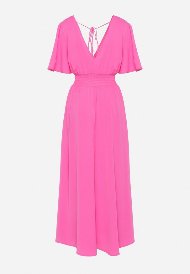 Born2be - Różowa Sukienka z Rozkloszowanymi Rękawami Gumką w Pasie i Wiązaniem na Plecach Larielle. Okazja: na imprezę, na co dzień. Typ kołnierza: dekolt w kształcie V. Kolor: różowy. Materiał: bawełna. Typ sukienki: proste. Styl: casual, elegancki