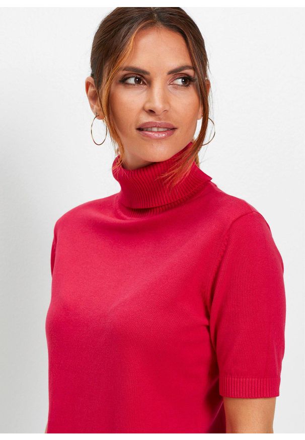 bonprix - Sweter z golfem, krótki rękaw. Typ kołnierza: golf. Kolor: czerwony. Długość rękawa: krótki rękaw. Długość: krótkie. Styl: klasyczny