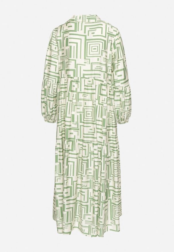 Born2be - Zielona Rozkloszowana Sukienka Koszulowa z Wiskozą w Geometryczny Wzór Alineria. Okazja: na co dzień. Kolor: zielony. Materiał: wiskoza. Wzór: geometria. Typ sukienki: koszulowe. Styl: elegancki, klasyczny, casual