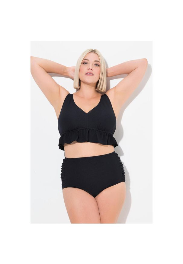 ULLA POPKEN - Damskie Bikini faktura falbana miękkie miseczki regulowane ramiączka. Kolekcja: plus size. Kolor: czarny. Materiał: elastan, poliester, materiał